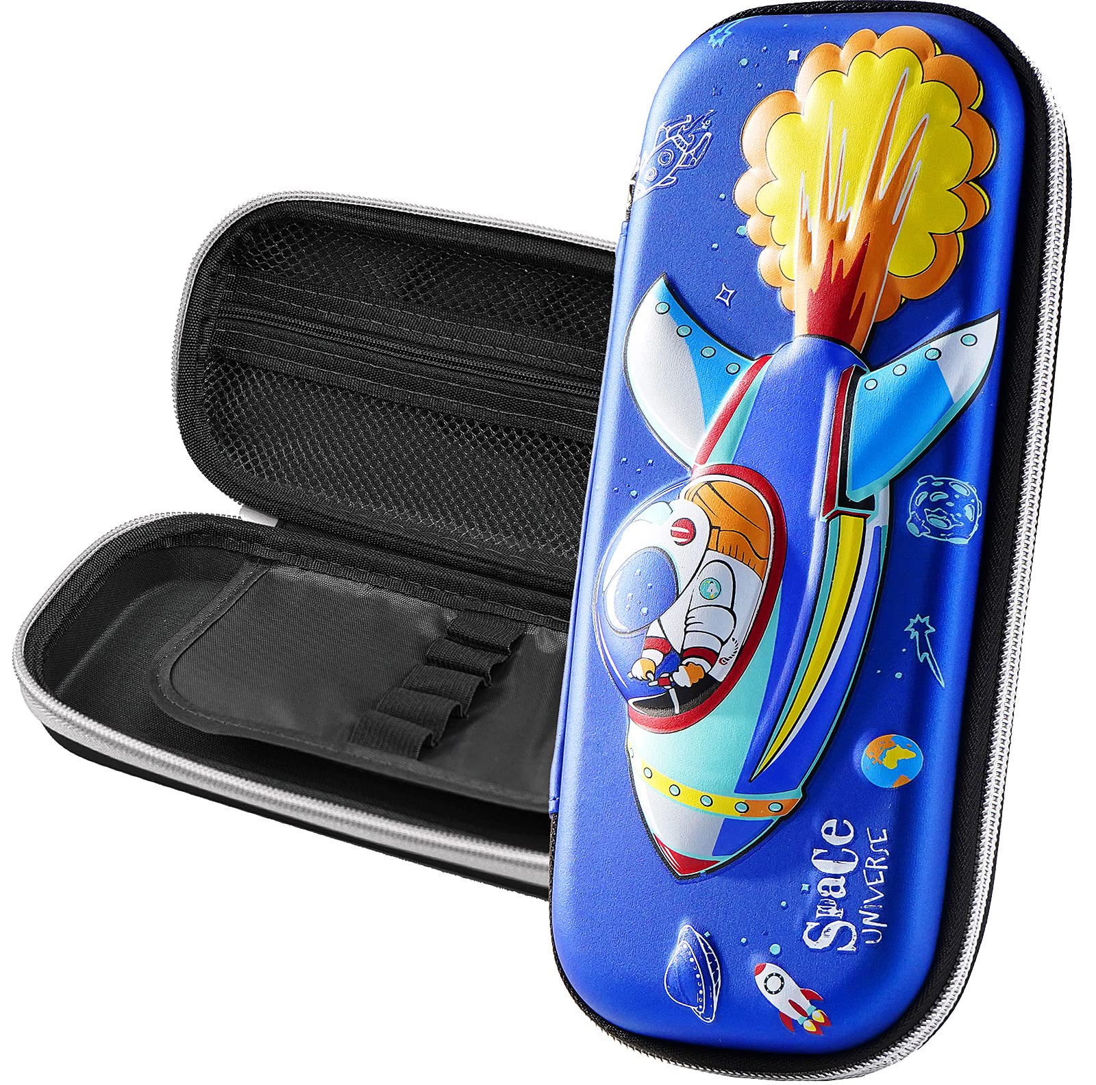 FEWOFJ 3D Spacecraft Pencil Case for Kids Boys, Waterproof Pencil Box with Compartments Pen Pouch (Blue)