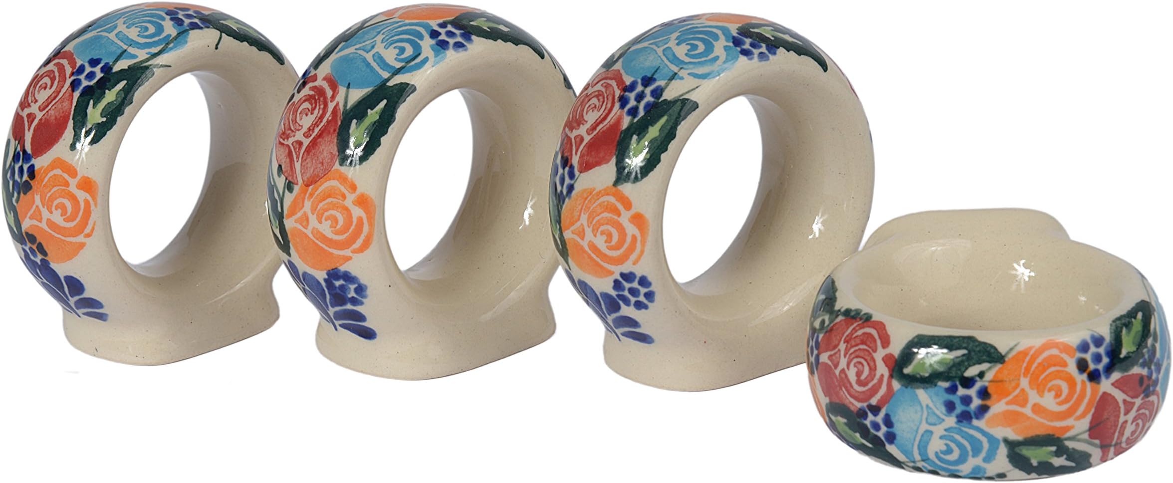Traditional Polish Pottery, Handcrafted Ceramic Napkin or Serviette Rings (Set of 4), Diameter 6cm, Boleslawiec Style Pattern, D.601.Rosy