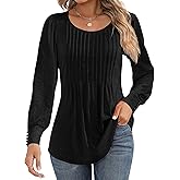 Ficerd Women's Puff Long Sleeve Tunic Tops Pleated Crew Neck Blouses Dressy Casual Loose Fit Fall and Winter Shirts
