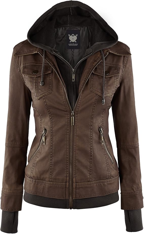 Lock and Love WJC664 Womens Faux Leather Jacket With Hoodie