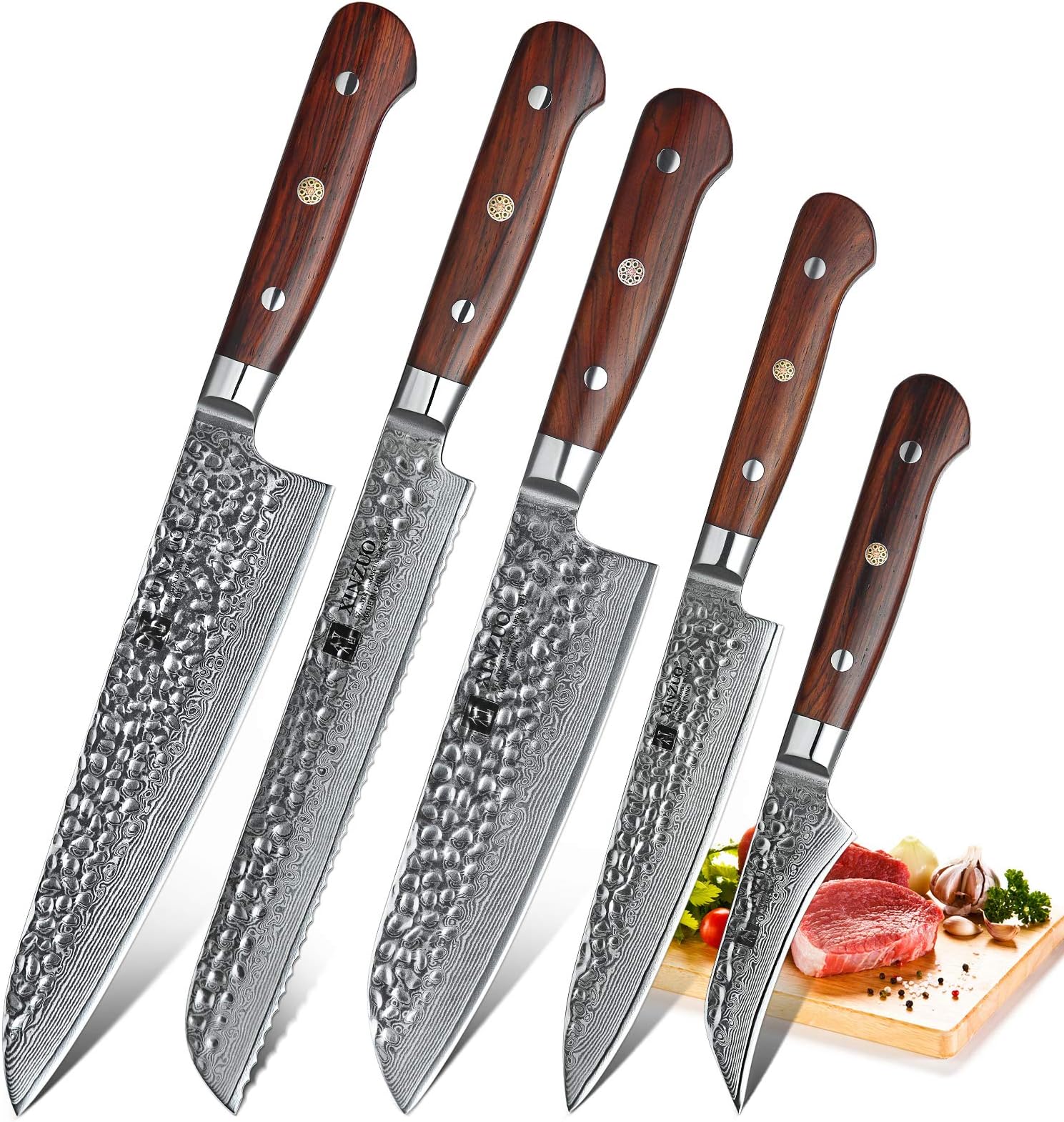 XINZUO 5 Piece Set Professional Kitchen Knives, High-Carbon Damascus Steel Hammer Forged Sharp Chef Knife, Santoku, Bread, Fruit,Utility Knife with Rosewood Handle - Yun Series