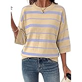 Dokotoo Womens Sweaters Spring Summer Oversized 3/4 Sleeve Striped Crewneck Casual Lightweight Knit Pullover Sweater Tops