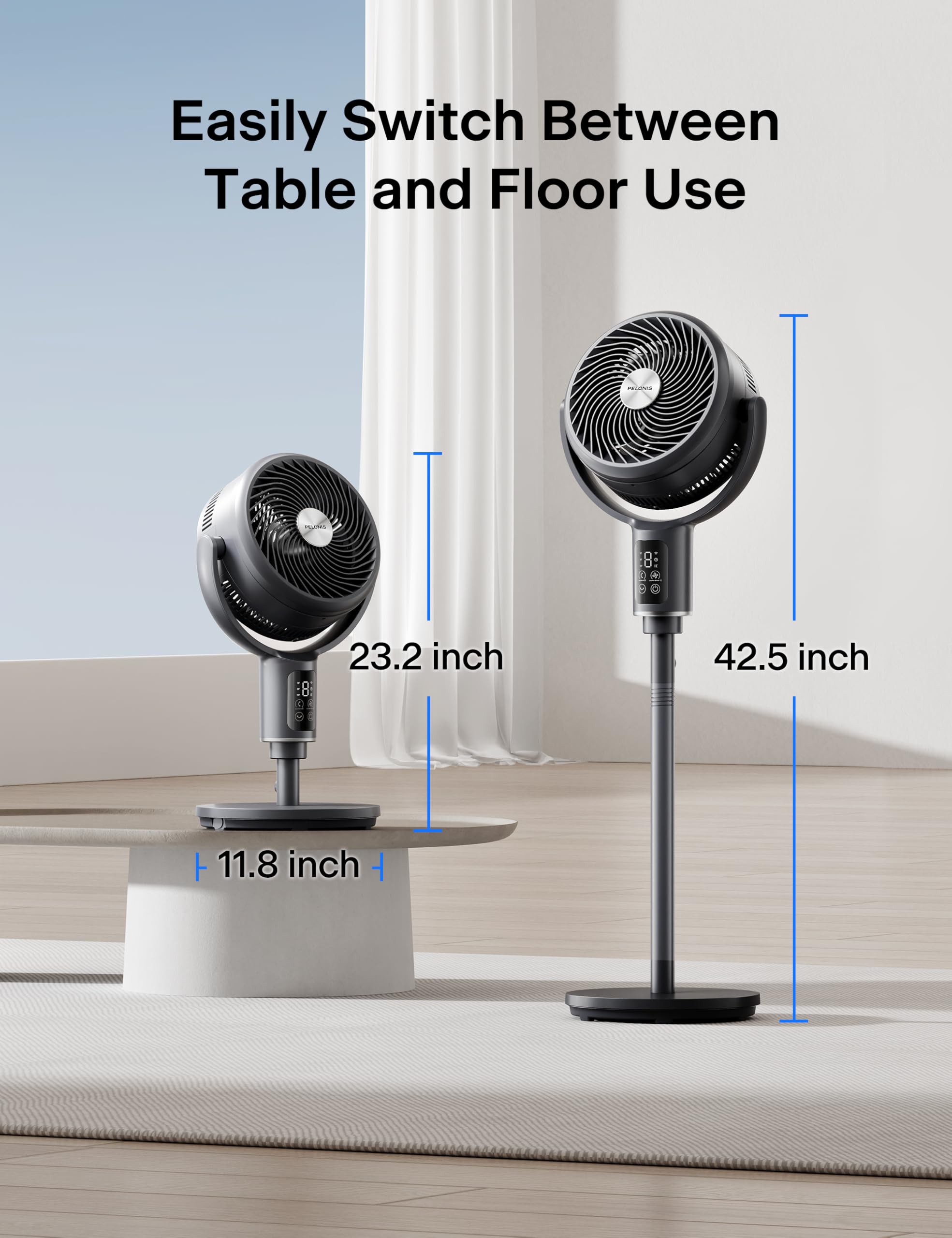 PELONIS AeroFan, Pedestal Fan for Bedroom – Standing Fan with Remote Control, Oscillatiing Fan，LED Display, 9 Speeds, 20dB, 9H Timer, DC Motor, 135° + 100° Auto Oscillation, Adjustable Height