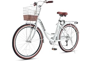 Viribus Womens Bike, 7 Speed Bike for Adults Women 24 26 inch with Ratten Basket, Beach Cruiser Bike for Women, Womens Bicycle for Commuting, Step Through City Bike for Women Adults Ladies