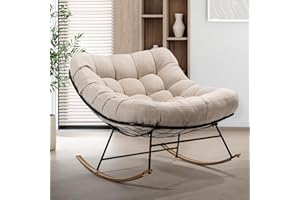 Bme Patio Rocking Chair Outdoor and Indoor, Modern Metal Lounge Rocker with Thick 7'' Cushion, 400lbs Capacity, Ergonomic Design, Easy Assembly, Beige Cushion - Wood Texture Rocker