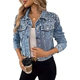 SS-Sunrise Fashion Women's Pearl Embellished Denim Jacket, Long Sleeve Button Front Cropped Jean Jacket with Chest Pockets