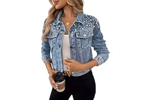 SS-Sunrise Fashion Women's Pearl Embellished Denim Jacket, Long Sleeve Button Front Cropped Jean Jacket with Chest Pockets