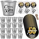 Skybooly 50 Sets 50th Birthday Party Favors for Guests Souvenir Shot Glasses Cheers to 50 Year Stainless Steel Shot Glasses Thank You Tag Organza Bag Twine Birthday Gift for Anniversary Wedding Shower