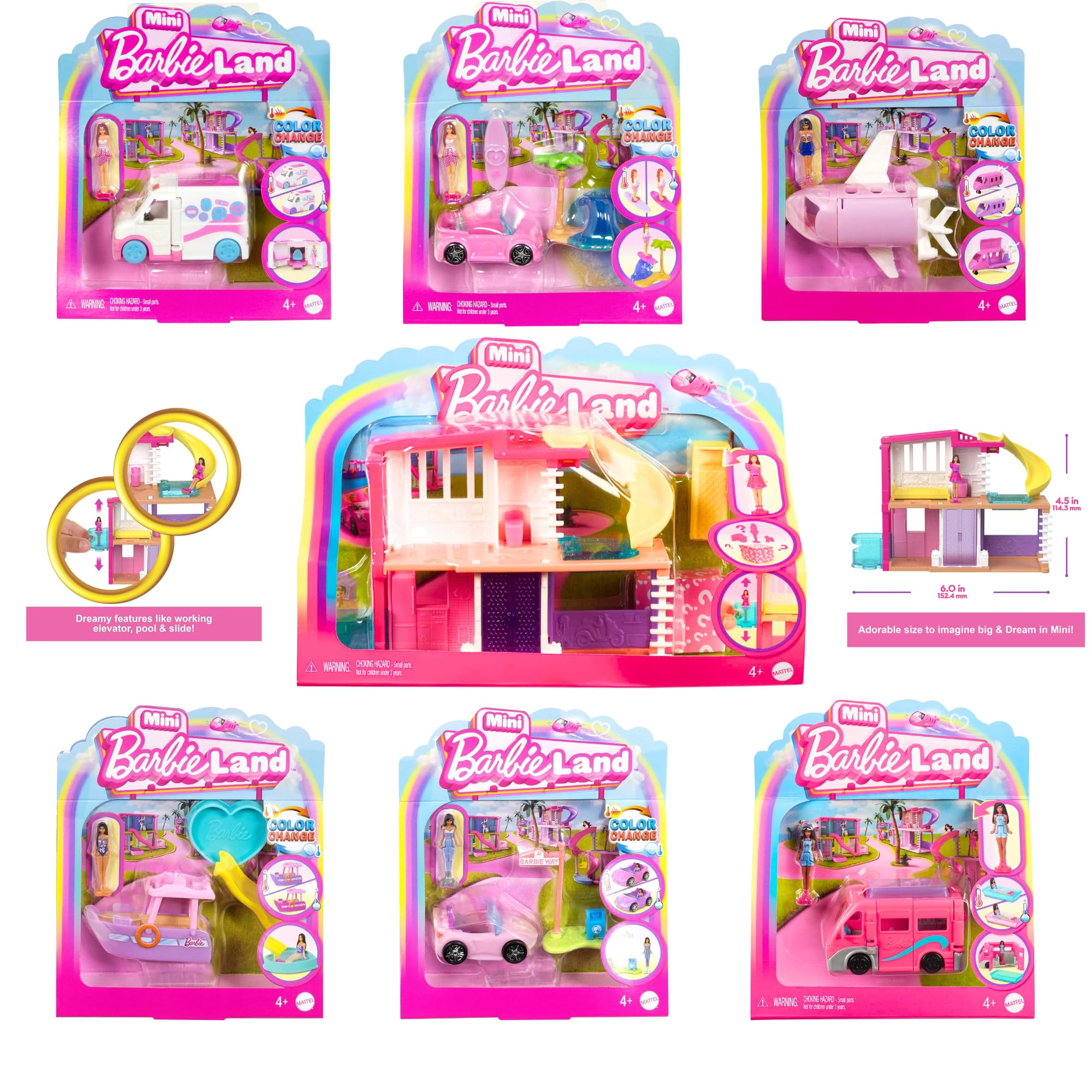 Barbie Mini Land Playsets Doll & Toy Vehicle Sets Bargain Bundles - (7 Piece Bundle)