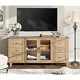 WAMPAT Farmhouse TV Stand for TVs Up to 65 inch, Wood TV Console Table with Storage Cabinets & Glass Door, Entertainment Center for 32-75 inch TV Console Cabinet, 58", Oak