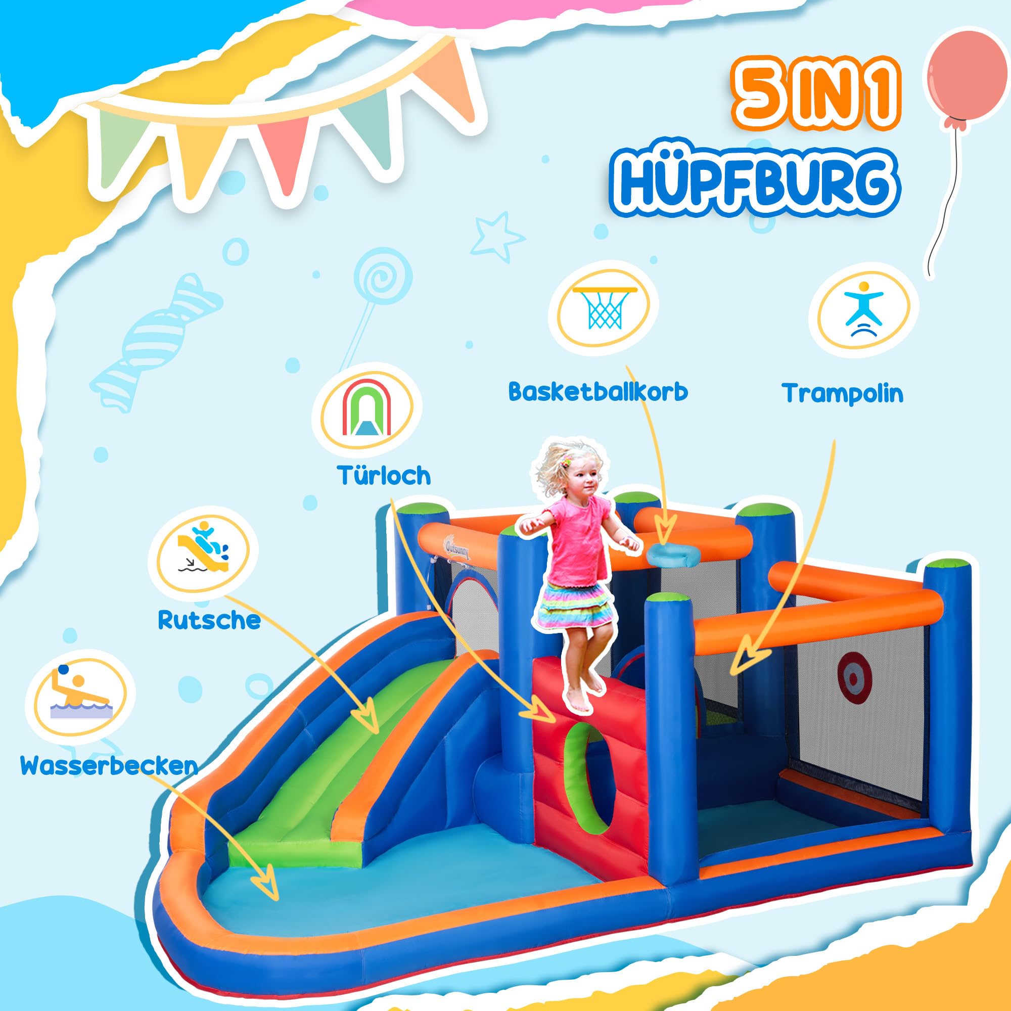 Outsunny Aufblasbare Hüpfburg Wasserpark mit Gebläse Hüpfburg mit Wasserrutsche Basketballkorb Aufblasbare Wasserspielcenter für Kinder ab 3 Jahren Trampolin Pool 380 x 340 x 170 cm 3