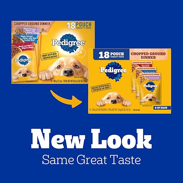PEDIGREE CHOPPED GROUND DINNER ADULT SOFT WET DOG FOOD 18-COUNT BACON FILET MIGNON VARIETY PACK, 3.5 OZ. POUCHES