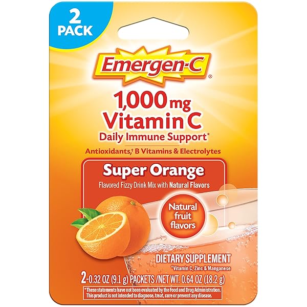 EMERGEN-C 1000MG VITAMIN C POWDER FOR DAILY IMMUNE SUPPORT CAFFEINE FREE VITAMIN C SUPPLEMENTS WITH ZINC AND MANGANESE, B VITAMINS AND ELECTROLYTES, SUPER ORANGE FLAVOR – 2 COUNT