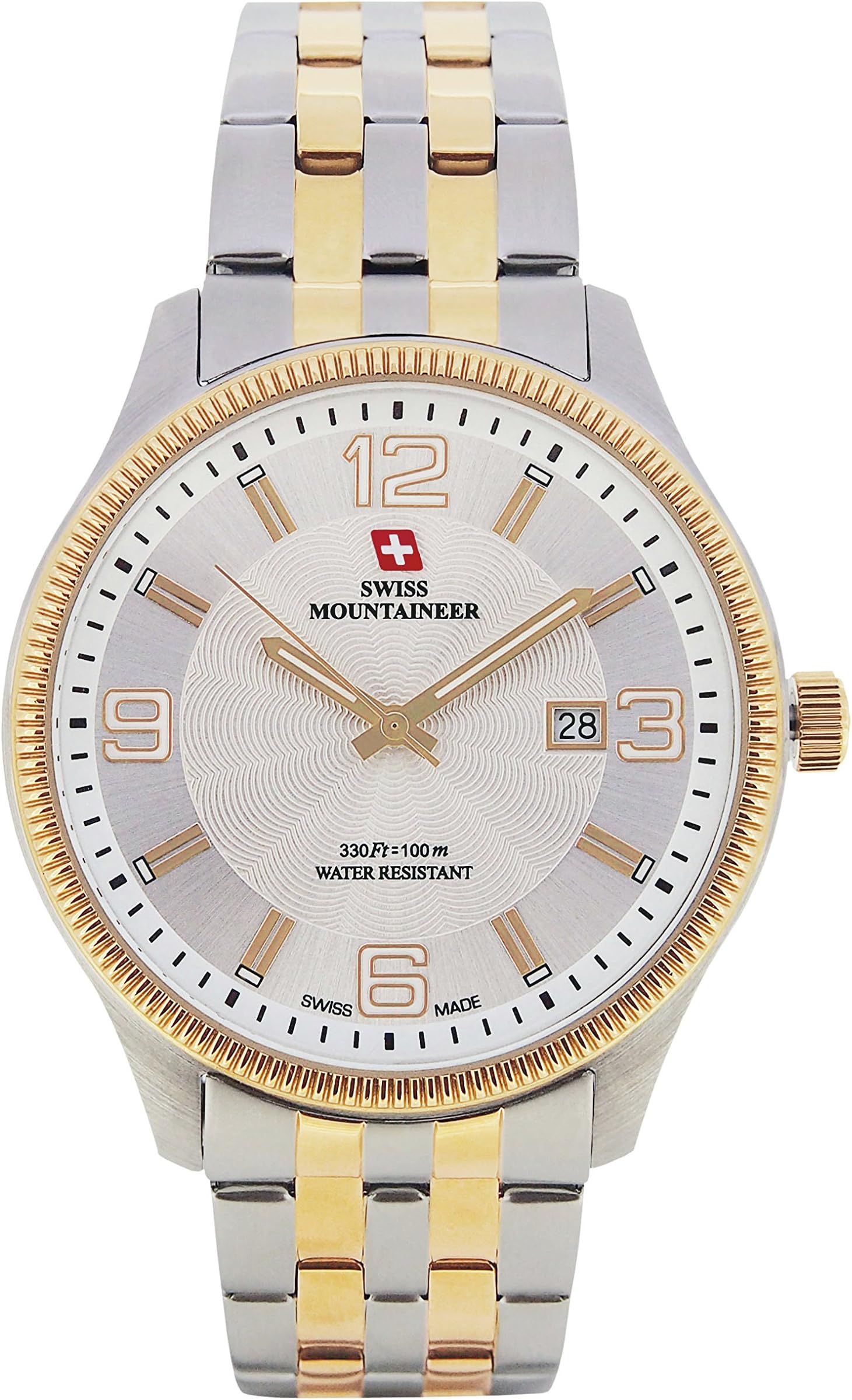 Swiss Mountaineer Mens Watch Two Tone Stainless Steel Bracelet Gold Tone Bezel Date Reloj SM8001