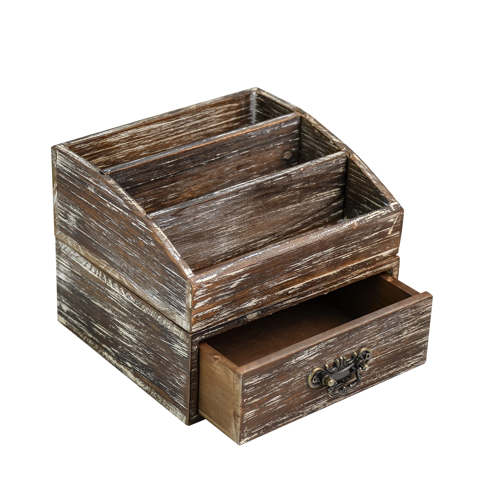 Photo 1 of Office Desk Organizer with Drawers & Dark Brown Vintage Wood Desktop Storage Caddy 2pcs/set Workspace Supplies Farmhouse Mail Countertop Organizer Makeup Storage Box for Home Decor Supplies Vanity……