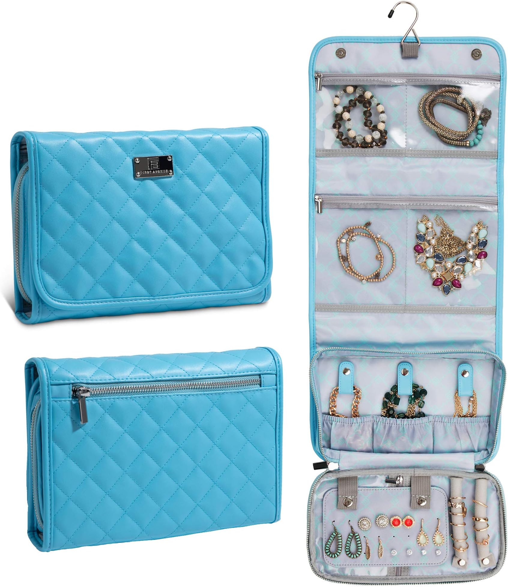 First Avenue Travel Jewellery Organiser Hanging Jewellery Roll Case Large Portable Storage for Necklaces, Rings, Watches, Cosmetics - Quilted Leather
