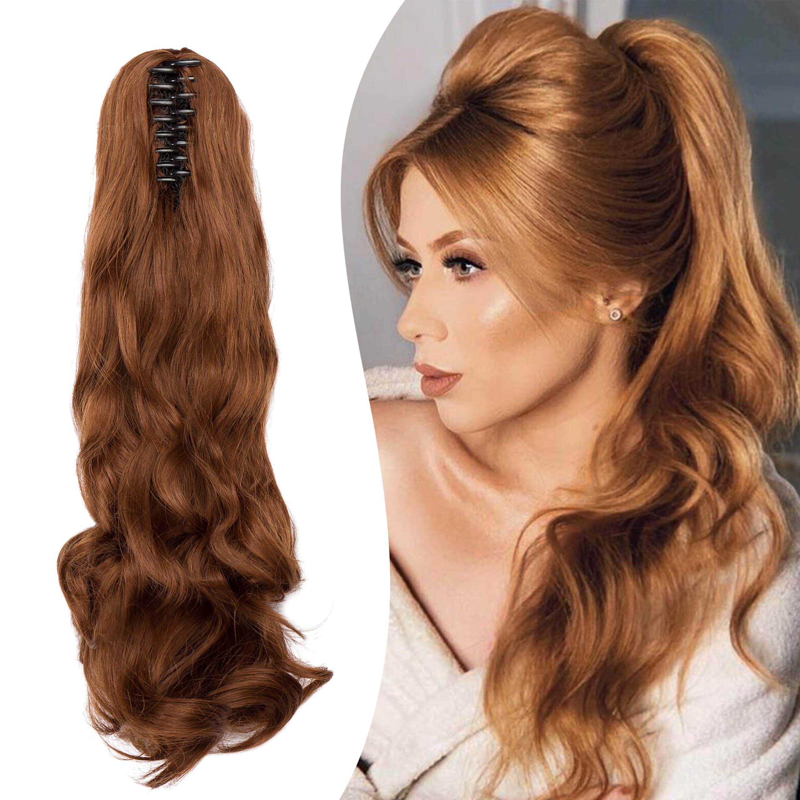 Gairyan 20inch Ponytail Extension Clip in Ponytail Hair Extensions Curly Wavy Pony Tails Claw on Ponytail Long Wave Synthetic Hairpieces for Women Soft Real Look (Light Auburn)