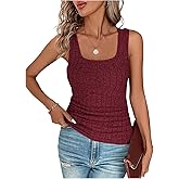 winkbay Women's Summer Ruched Square Neck Top Dressy Casual Sleeveless Ribbed Knit Tank Tops