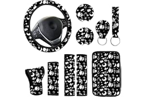 JINGSEN 10 Pieces Abstract Painting Art Printing Car Steering Wheel Cover Center Console Armrest Pad Headrest Seat Belt Cover Handbrake Cover Keychain Coaster Full Set Car SUV (Skull)
