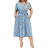 IN'VOLAND Women Plus Size Short Sleeve Dress Casual Wrap V Neck Belted Vacation Beach Midi Dresses with Pockets