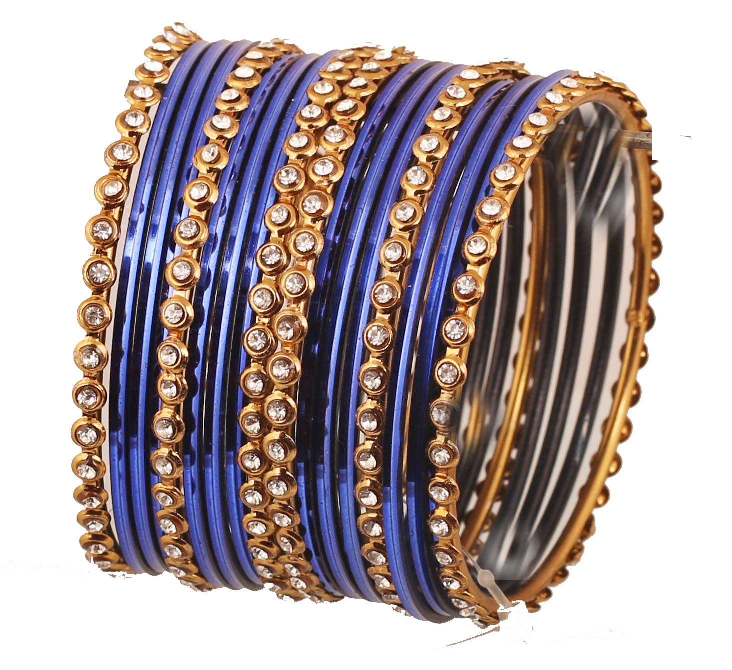 Touchstone "Colorful Bangle Collection Indian Bollywood Alloy Metal and Textured Royal Blue Designer Jewelry Bangle Bracelets. Set of 18. in Antique Gold Tone for Women.