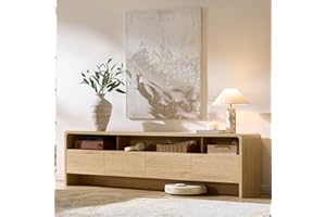 AMERLIFE 70" Modern TV Stand for TVs Up to 80", Wood TV Console with Curved Profile Design & 2 Storage Cabinets, Media Console Entertainment Center for Living Room, Natural Oak