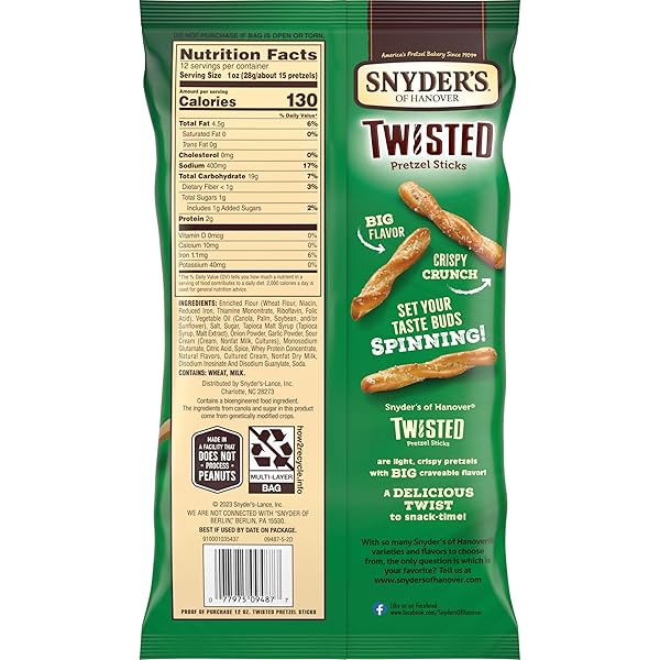 SNYDER’S OF HANOVER, SOUR CREAM & ONION TWISTED PRETZEL STICKS, 12 OZ BAG
