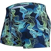 KGKE Mens-Swim-Jammers Athletic-Swimwear Quick-Dry-Shorts Durable-Team-Swimsuits - Drawstring Competition Swimming UPF50+ (Blue Wavy Green,S)