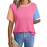 EVALESS Women's Short Sleeve T Shirts Ribbed Knit Crewneck Multicolour Block Tee Blouses Spring Tops 2026 Trendy