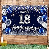 Happy 18th Anniversary Backdrop Banner Decor Navy Blue – Silver Glitter Happy 18 Years Wedding Anniversary Party Theme Decorations for Women Men Supplies