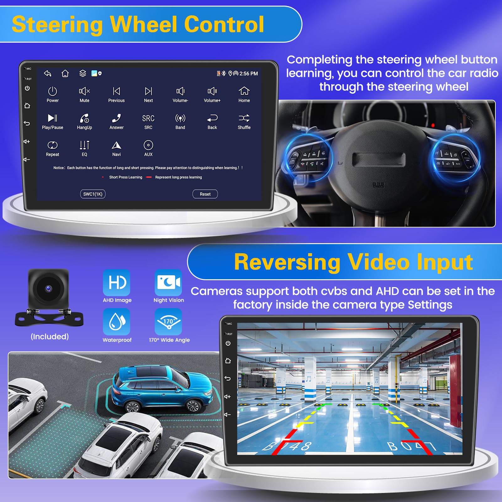 8 Core 4+64GB Android Car Stereo Double Din Wireless Carplay Android Auto, [Support SIM Card] 9 Inch Touch Screen Car Radio WiFi, GPS Bluetooth 5.0 AM/FM/RDS Mic Backup Camera EQ DSP