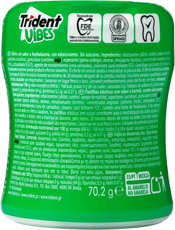 Vibes Spearmint Chicles Sabor Menta Verde Sin Azúcar, Pack 6 Botes