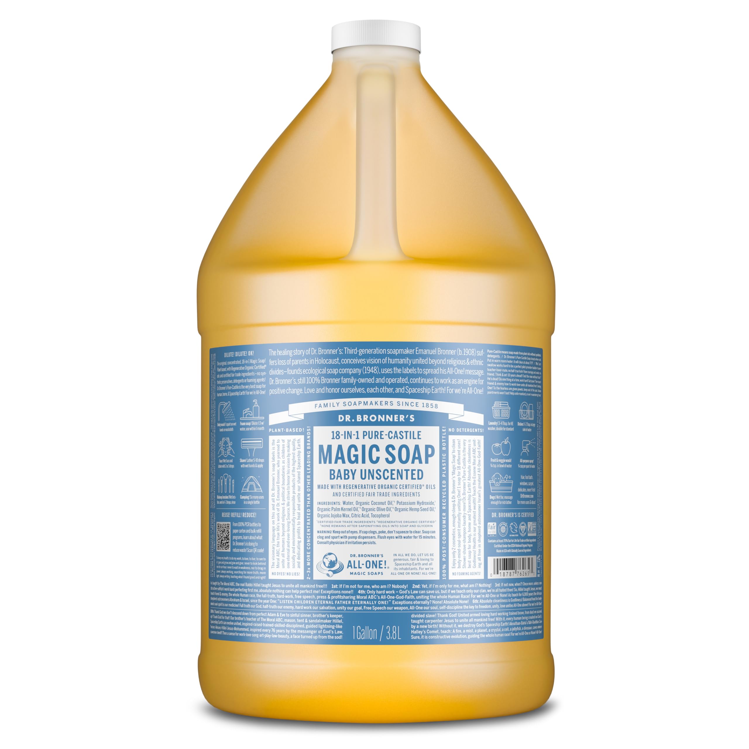Dr Bronner's 18-in-1 Baby Unscented Pure Castile Liquid Soap, Made with Organic Oils. Used for Face, Hair, Babies, Laundry and Dishes, Certified Fair Trade & Vegan Friendly, 3.79L Recycled Bottle
