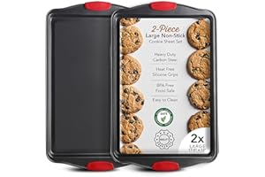 EATEX Baking Sheet Set, 2-Piece Large Cookie Sheet Set with Silicone Handles, Steel Baking Pan, Baking Sheets for Oven, BPA Free Nonstick Set, Half Sheet Pans, Black Baking Tray