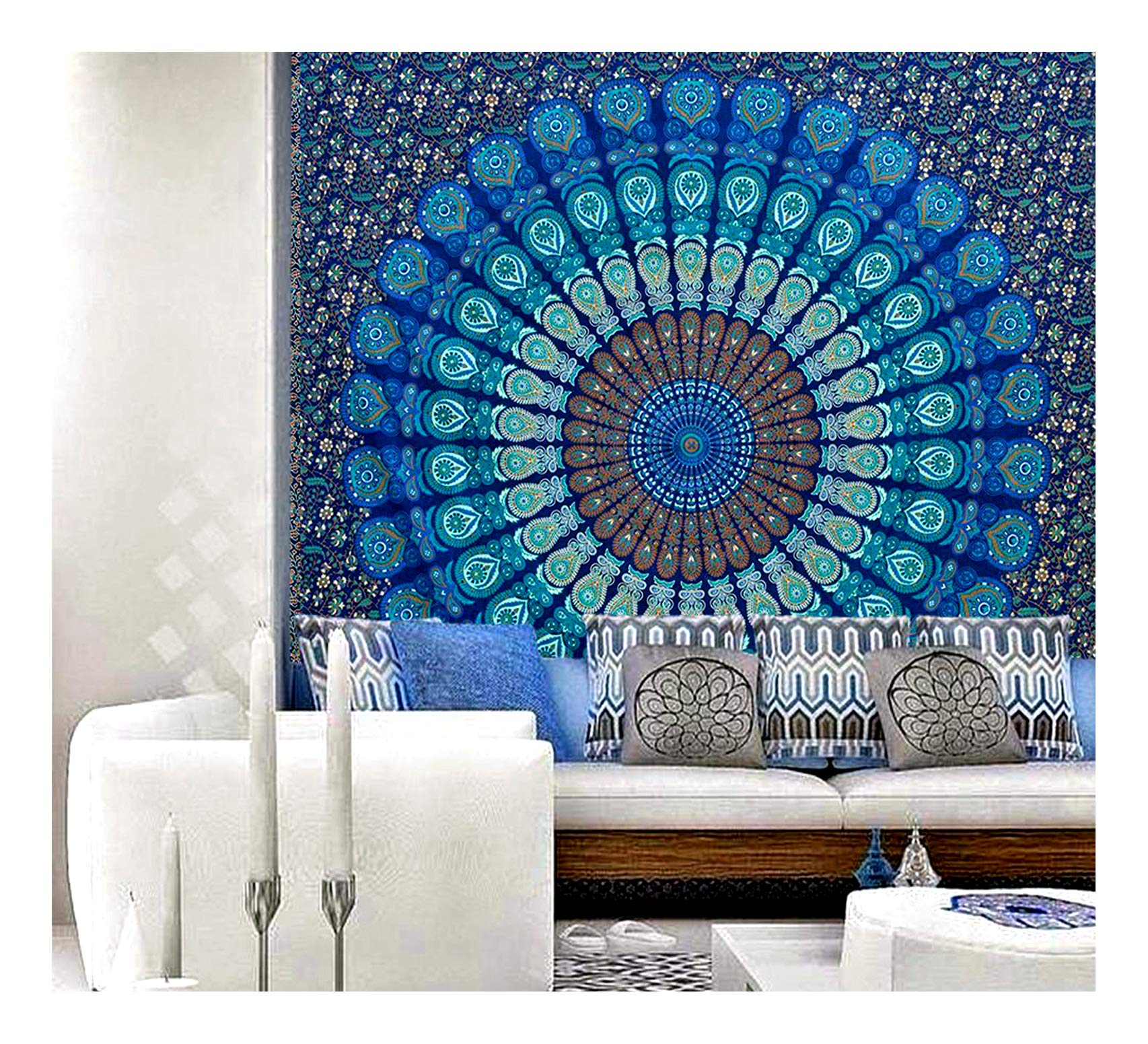 raajsee Indian Cotton Blue Tapestry Mandala Wall Hangings, Boho Throw Bohemian Bedding Queen Bedspread 140X210 CMS