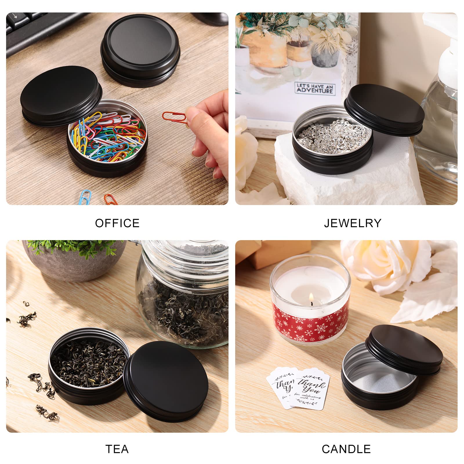 Therwen 96 Pcs Aluminum Tin Jars Containers Metal Leak Proof Cosmetic Tin Jars Containers Round Screw Lids Lip Balm Can Empty Refillable Cosmetic DIY Storage (1 x 2.7 Inch,Black)