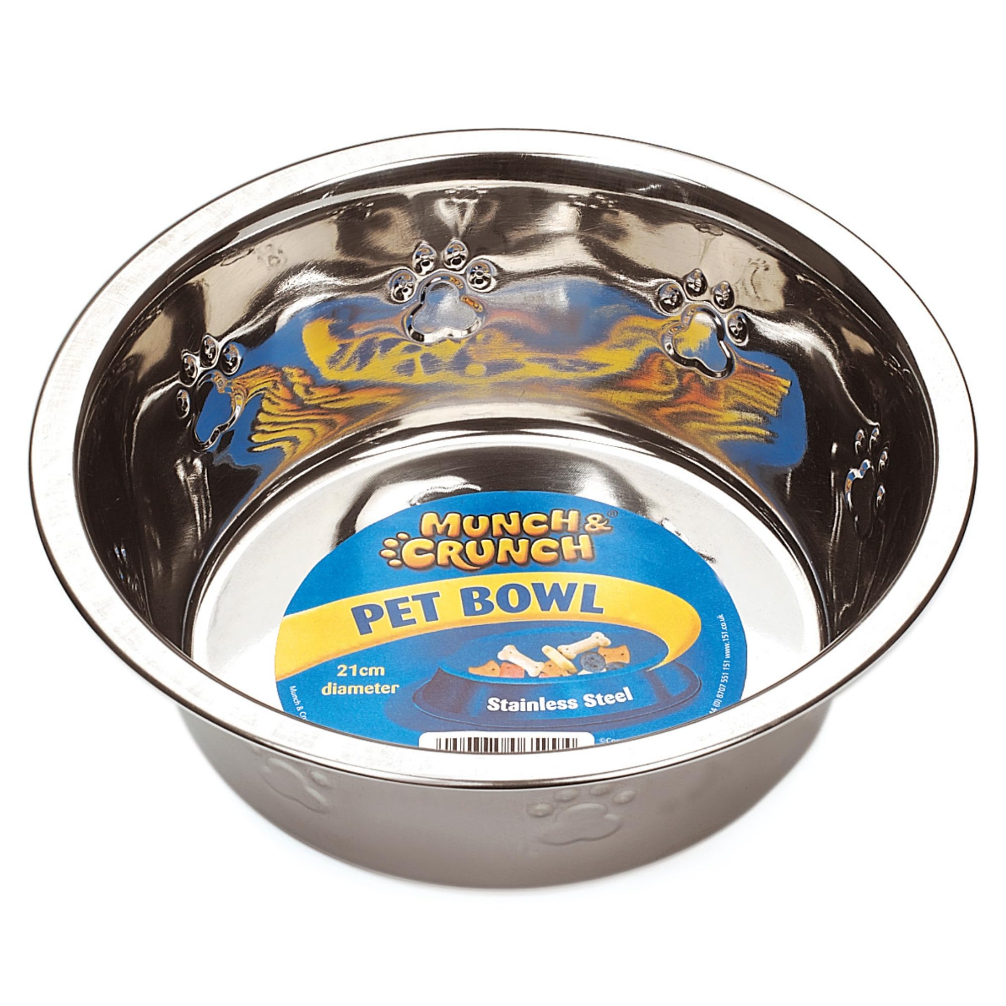 Munch & Crunch Stainless Steel Dog Bowl | Pet Food or Water Bowl | Durable & Easy To Clean - Paw Print Design (20cm / 1.2 Litres)