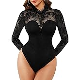 Popilush Long Sleeve Body Suits Womens Tummy Control Open Back Sheer Top Built in Bra Turtleneck Lace Shapewear Bodysuit