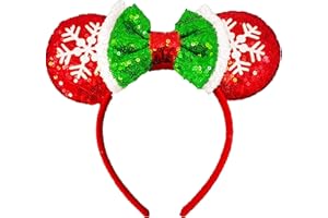 XINXIYAN Mouse Ears Christmas Headbands for Women Glitter Sequin Mouse Ears Bow Headband Birthday Party Princess Decoration (Red snow)