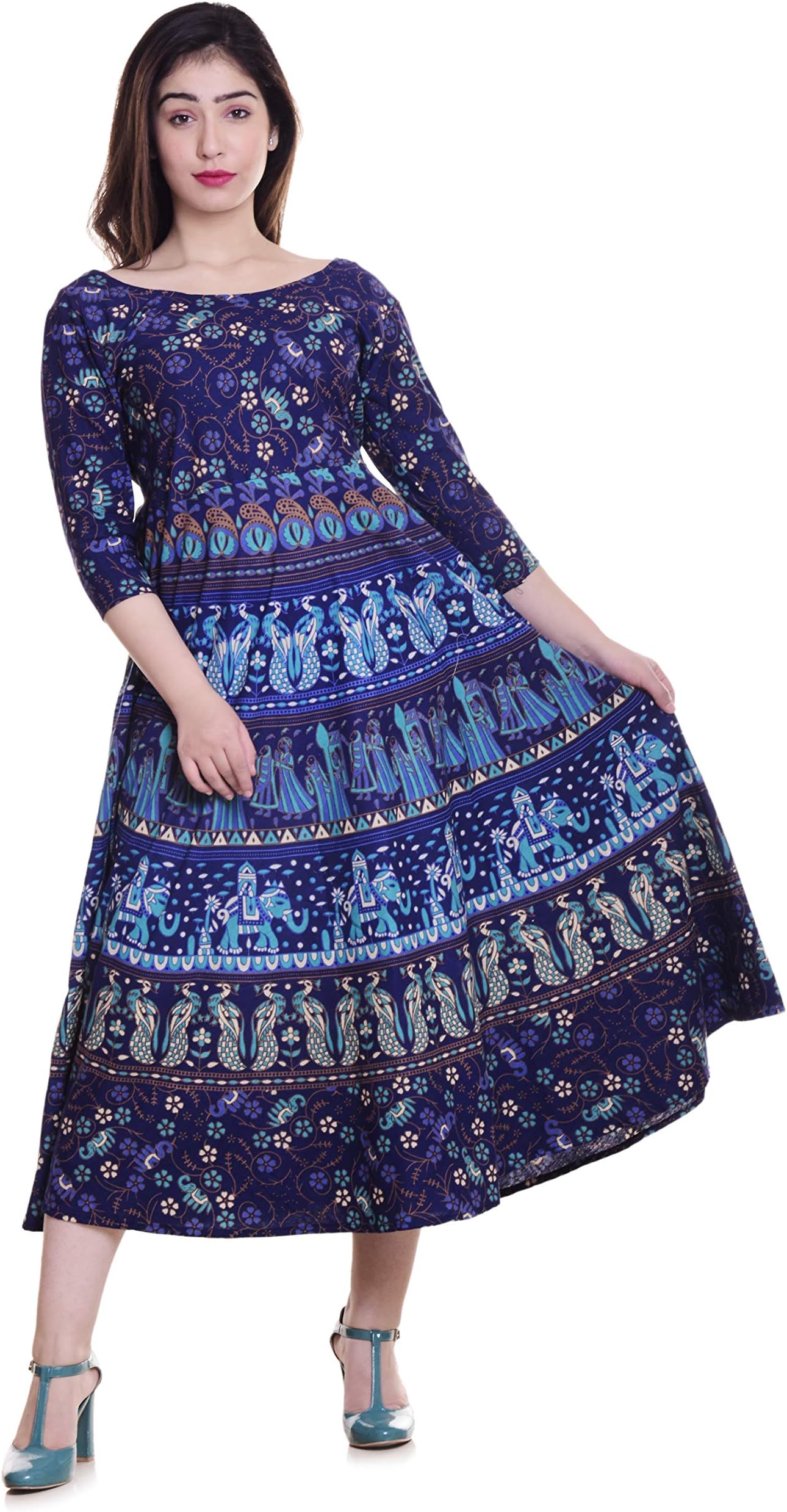 Jaipuri Fashionista Cotton Women's Maxi Long Dress Jaipuri Printed with Atteched Sleeves (Free Size UPTO 44-XXL)