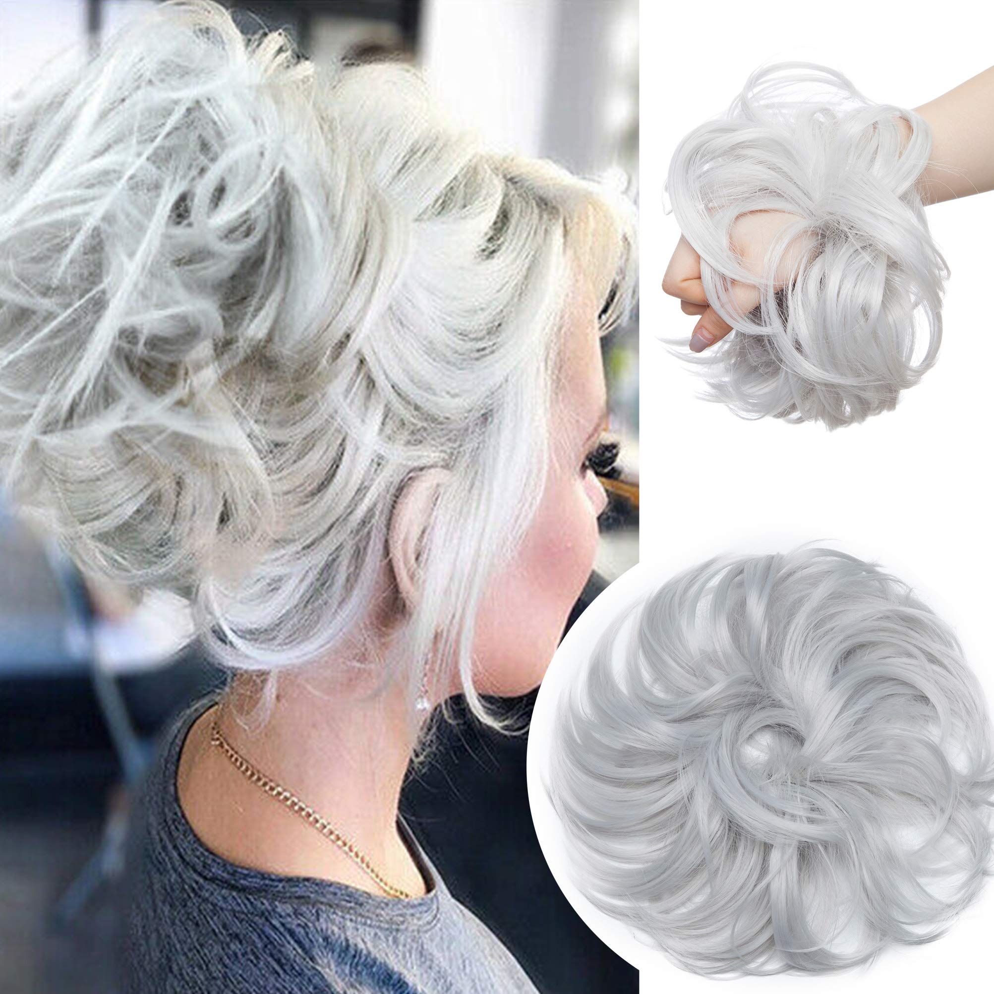 Large Messy Bun Scrunchie Hair Piece Elastic Updo Cover Hair Extension Instant Ponytail Curly 80g 1pc Tousled Synthetic Hairpiece Thick Hair Donut Silver Gray