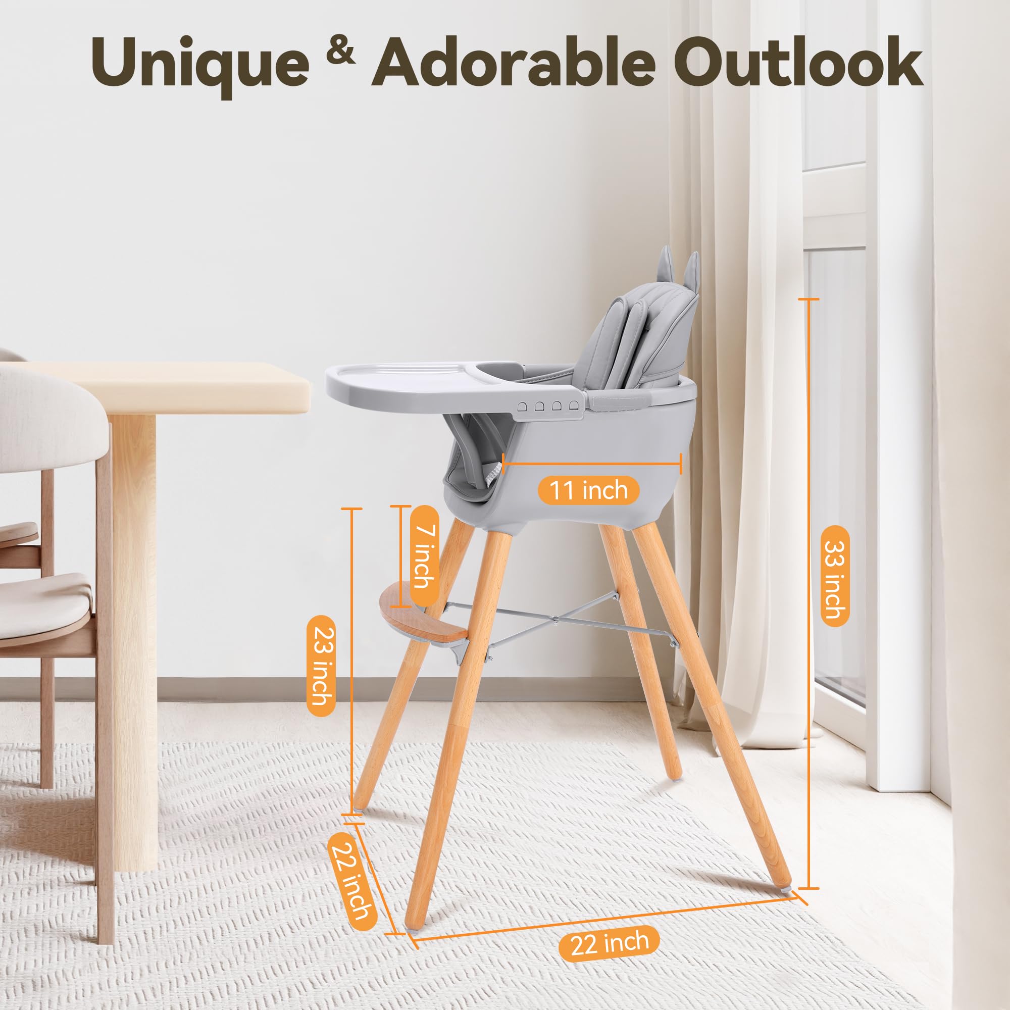CoziBB 4-in-1 Baby High Chair, Convertible Easy-to-Clean Wooden Highchair for Infant, Kids& Children, 3 Position Tray, Leatherette Seat, Modern and Compact Design, Grey