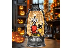 TURNMEON Halloween Skeleton Snow Globe Lantern with 6H Timer Battery Operated USB Powered Lighted Water Glitters Skeleton Sitting Tombstone Pumpkin Tabletop Lantern for Halloween Decorations Indoor Outdoor