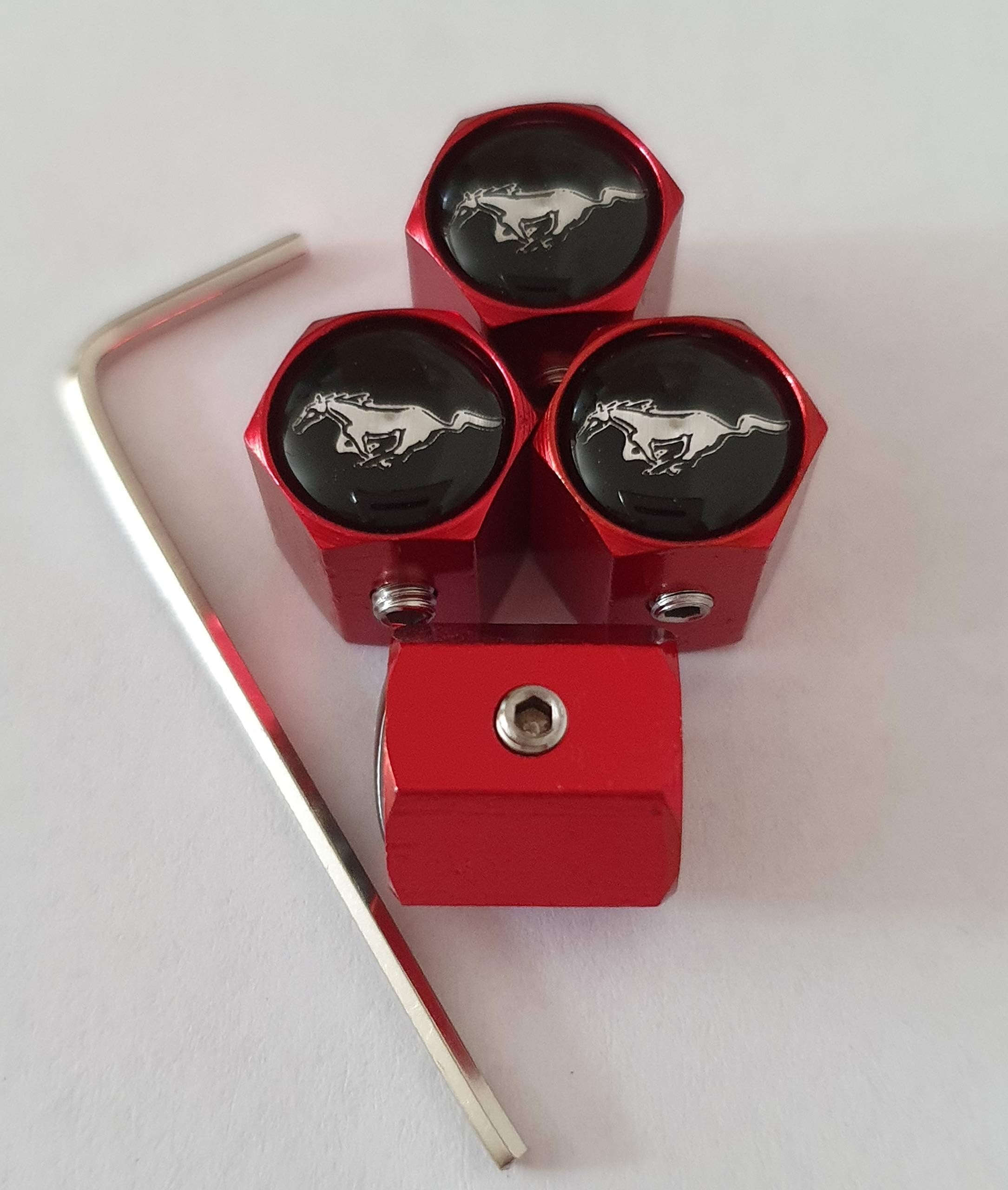 Speed Demons MUSTANG Red coloured anti theft Locking valve dust caps for all models includes grub screws and allen key