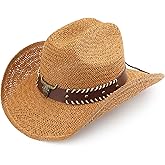 Melesh Straw Cowboy Hat, Western Cowgirl Hat, Wide Brim Sun Beach Hat for Men and Women