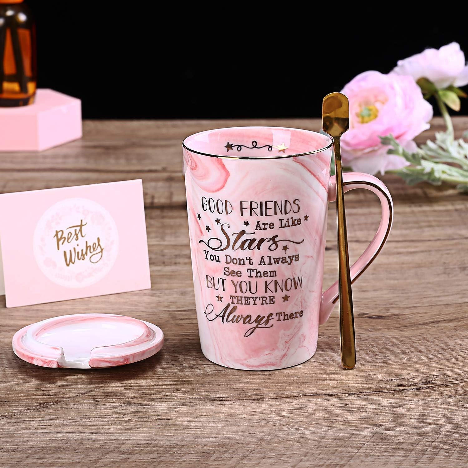 Doublewhale Friend Friendship Gifts Coffee Mug, Good Fiends are Like Stars, 14 Oz Pink Ceramic Marble Mug Tea Cup - Image 4