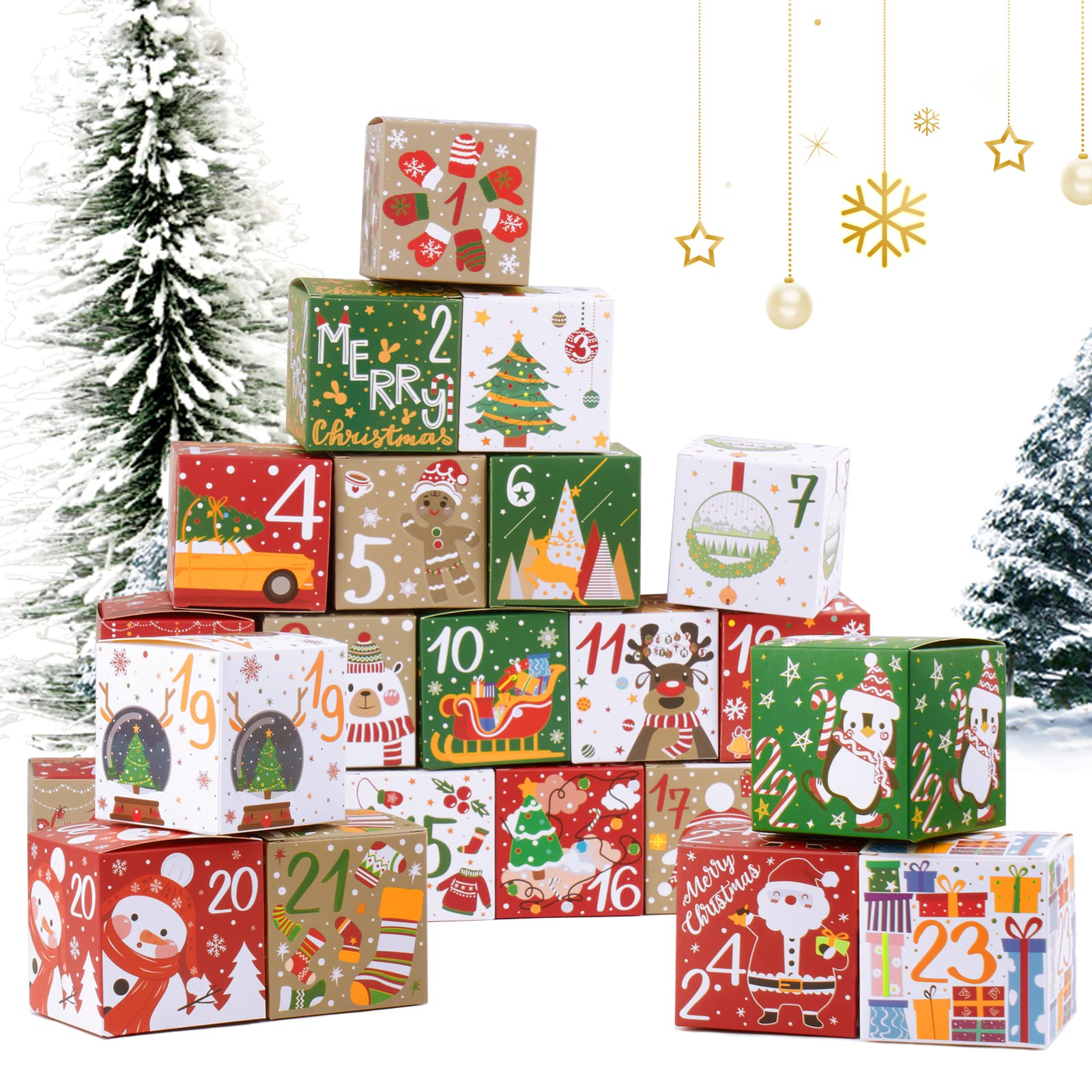 24pcs Christmas Advent Calendar Box Kraft Paper Gift Boxes Christmas Advent Calendars Countdown Boxes for Xmas Party Gift Supply