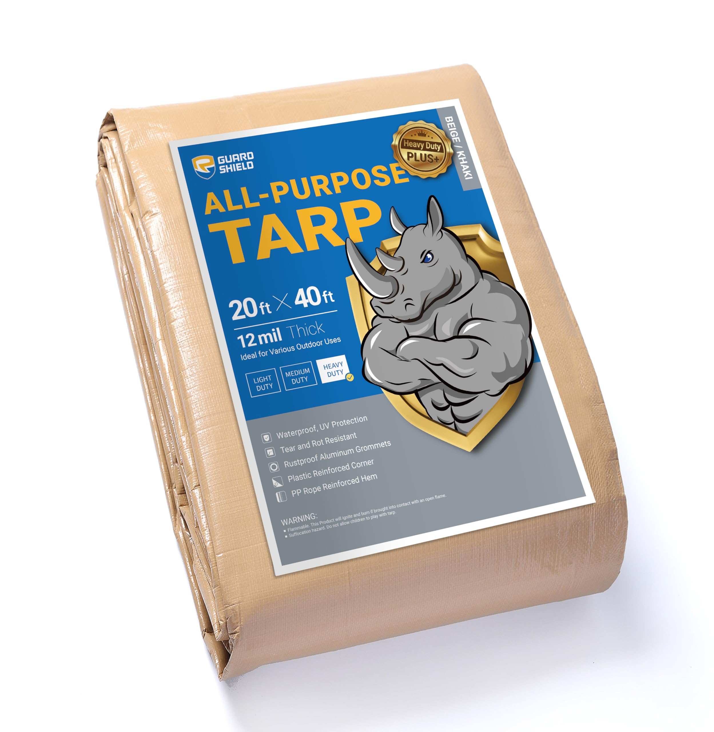 GUARD SHIELD Beige Tarp 20x40 Feet Large Tarps Heavy Duty Outdoor Tarpaulin Cover 12mil Image