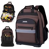 XINHESDEN Tool Bag Backpack, Heavy Duty Tool Backpack Bag with Waterproof Molded Base, Electrician Work Pack for Hand Tools, Multi Pockets Tool Storage Organizer for Contractor, HVAC Techs, Brown