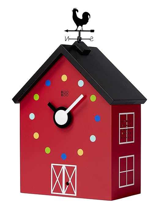 KOOKOO RedBarn Large Bauernhaus Uhr mit 12 Tierstimmen, Einem Hahn und Einer drehenden Wetterfahne, mit Lichtsensor, aus MDF 